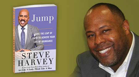 Picture showing a book by Steve Harvey and a smiling man